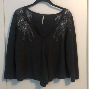Free People Charcoal Grey Cardigan w/ beading